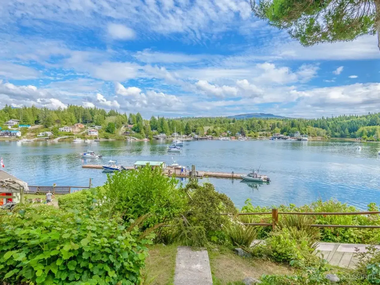 A view of a lake with a dock and boats in it.