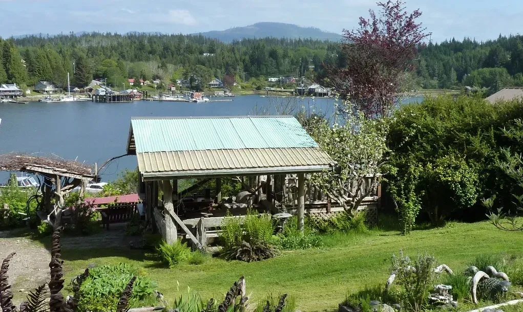 A house with a green roof sits next to a body of water