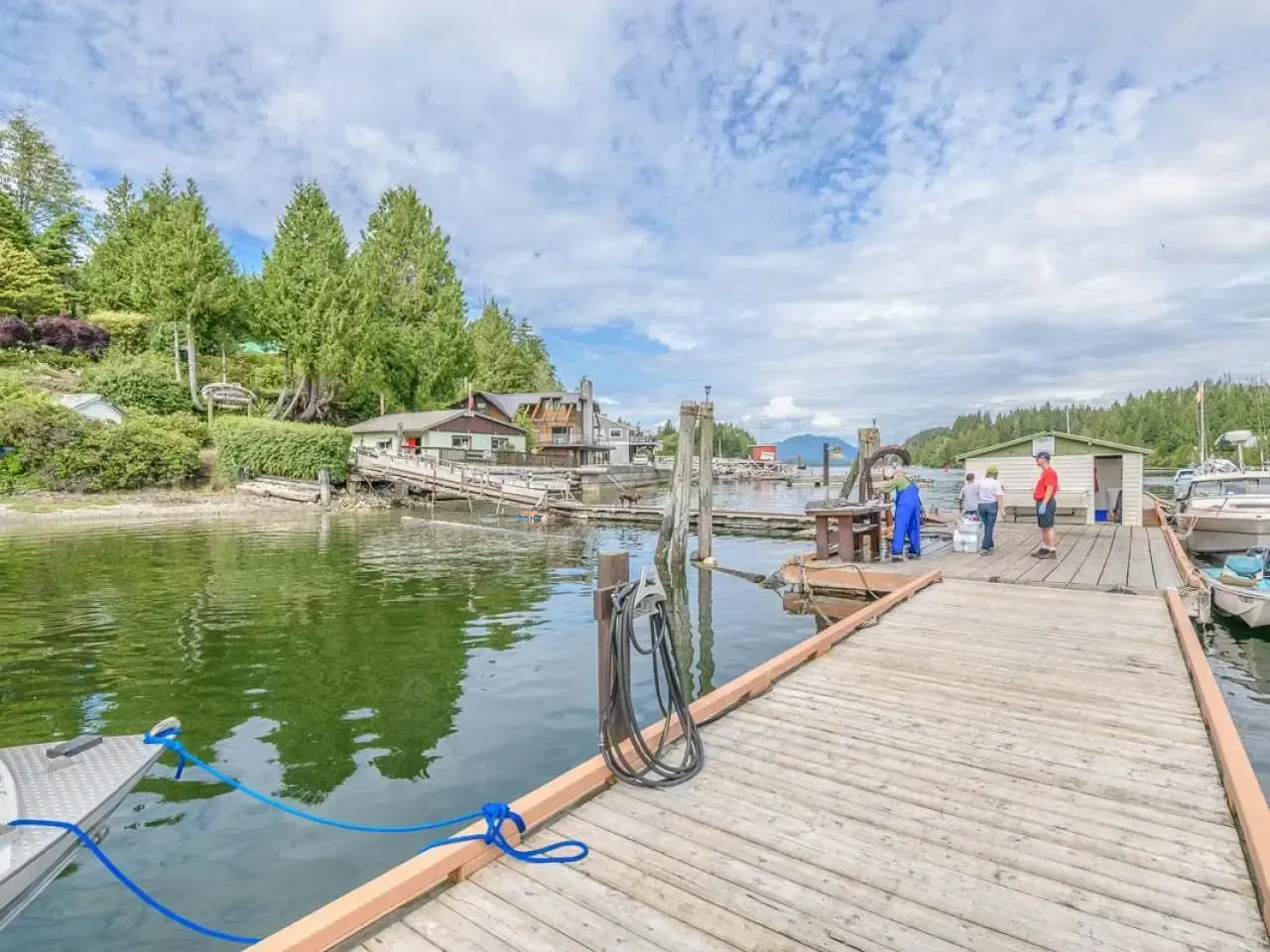 A group of people are standing on a dock next to a body of water.