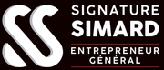 Logo de Signature Simard, entrepreneur général, avec monogramme « SS » blanc et texte sur fond sombre.
