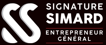 Logo de Signature Simard, entrepreneur général, avec monogramme « SS » blanc et texte sur fond sombre.