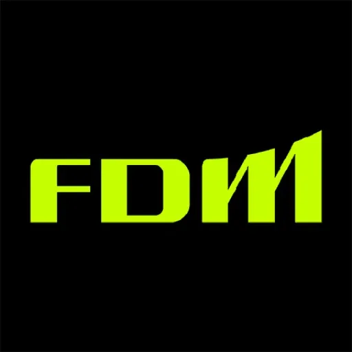 Neon yellow-green “FDM” letters on a black background, with the M slanted upward to the right