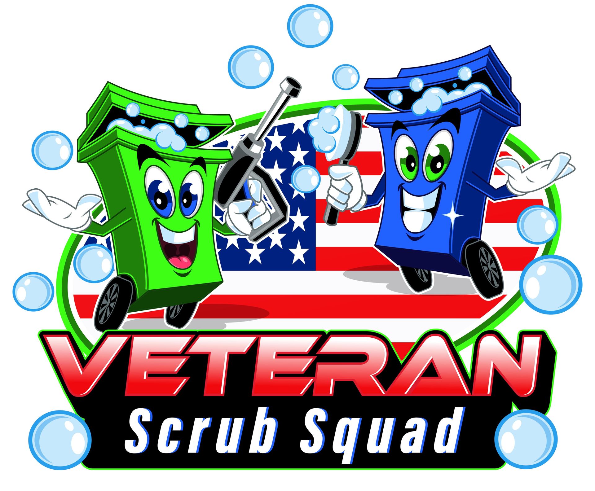 A logo for veteran scrub squad with two trash cans and bubbles