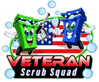 A logo for veteran scrub squad with two trash cans and bubbles