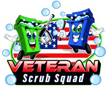 A logo for veteran scrub squad with two trash cans and bubbles