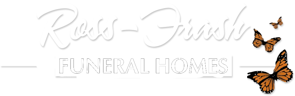Logo for Ross-Firsch Funeral Homes, with script text and butterflies.