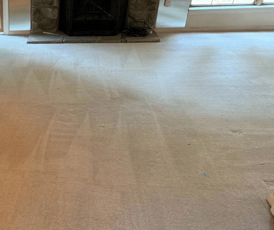 Beige carpeted living room floor with a dark fireplace at the top center.