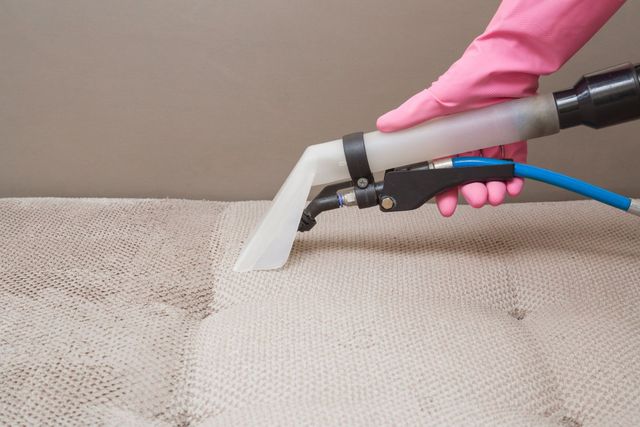 A person is cleaning a mattress with a vacuum cleaner.