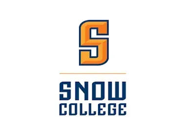 The logo for snow college is orange and blue.