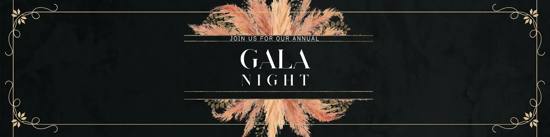 A black background with gold feathers and the words gala night