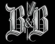 Black-and-white gothic B&B logo with ornate letters and a central ampersand on a black background