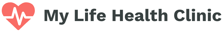The logo for my life health clinic with a heart and a heartbeat.