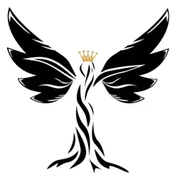 A black and white drawing of a bird with wings and a crown on its head.