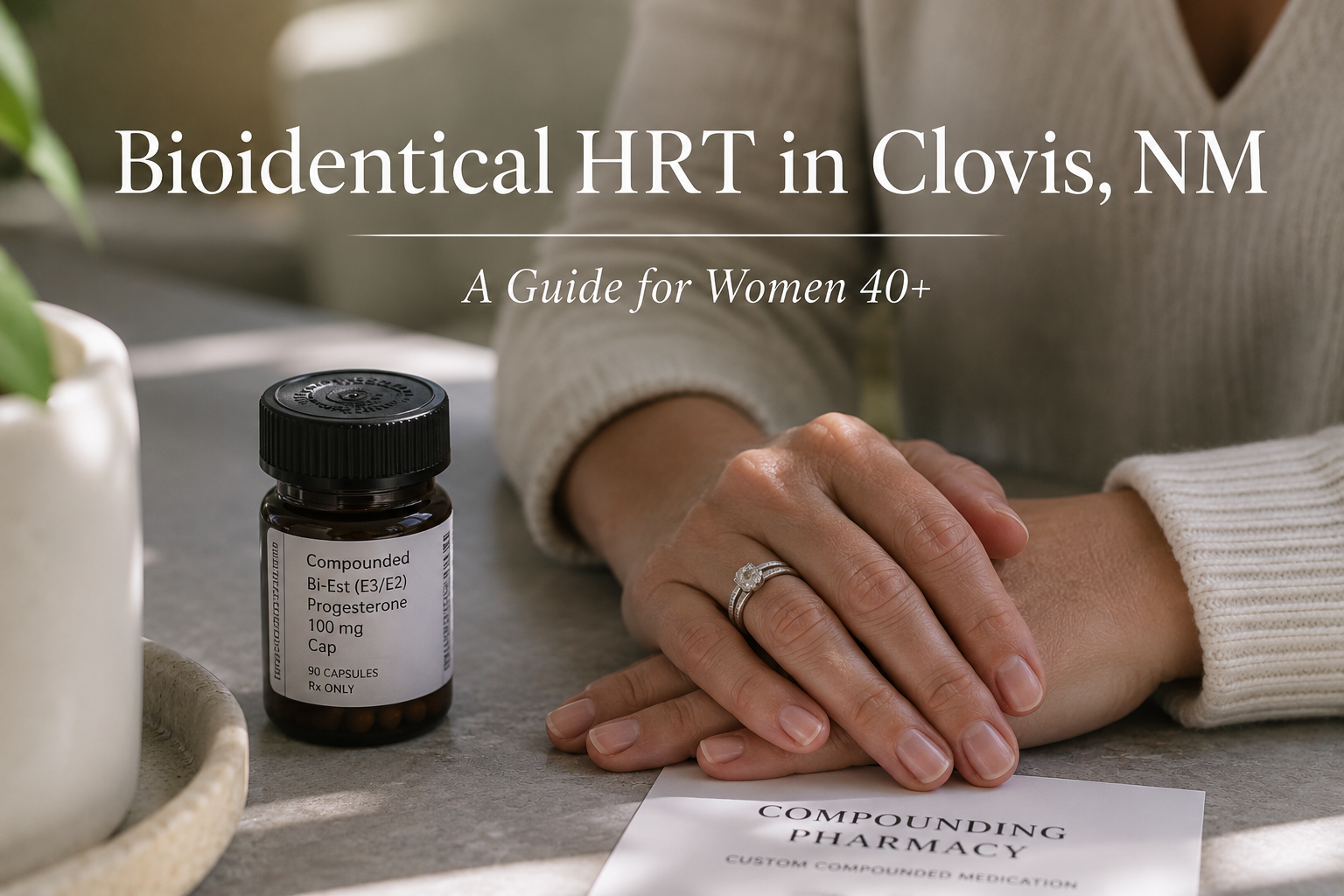 Woman in her 40s to 50s in a peaceful everyday setting, representing bioidentical hormone therapy wellness in Clovis, NM