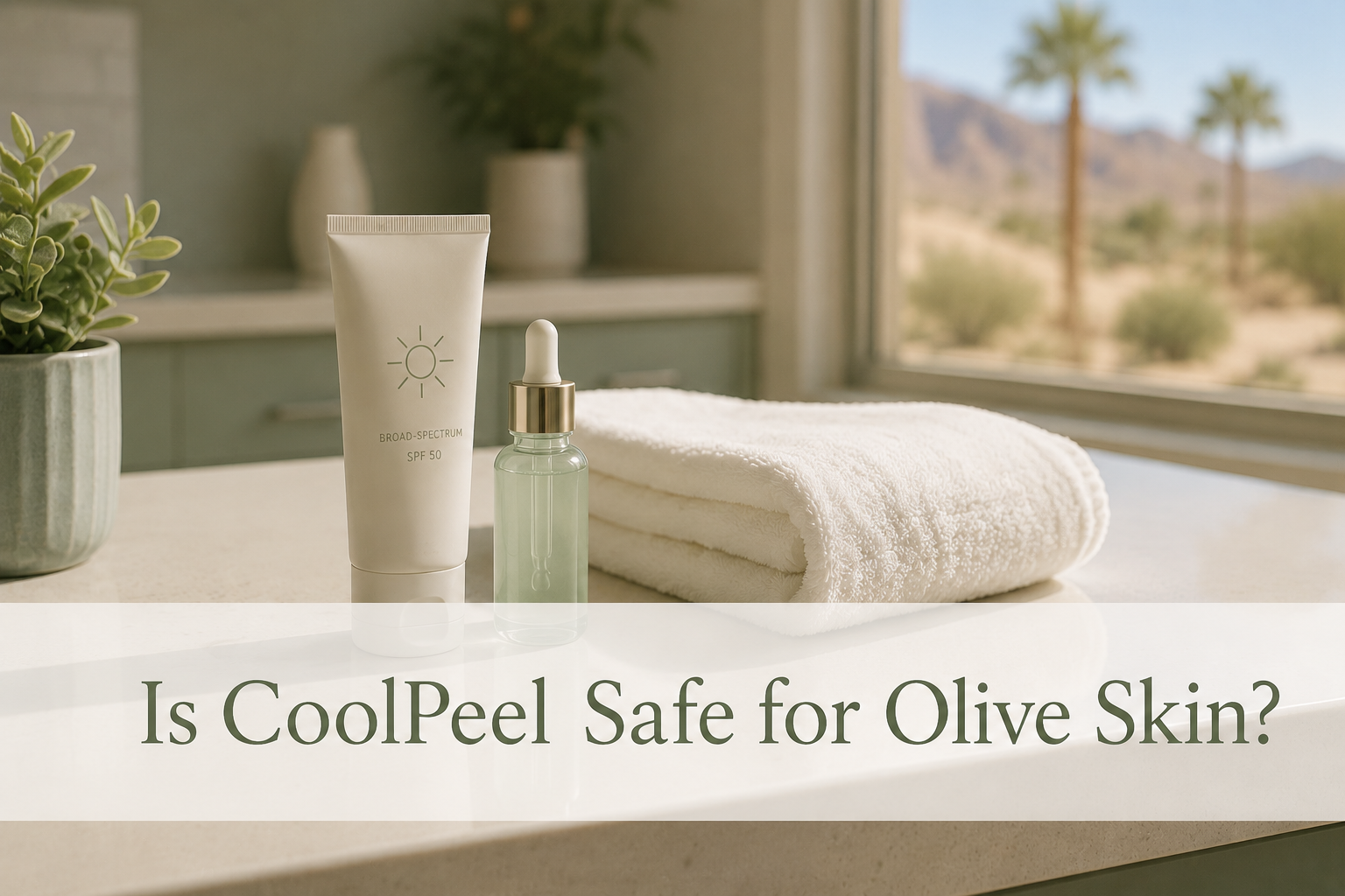 SPF sunscreen and skincare products representing CoolPeel aftercare for olive skin in Clovis, NM