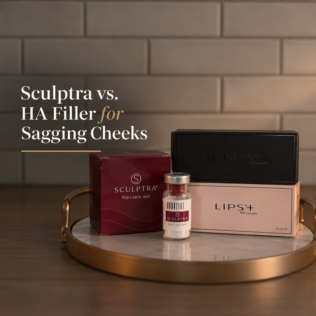 Unlabeled vial and syringe on a clinical tray comparing Sculptra vs HA filler for sagging cheeks