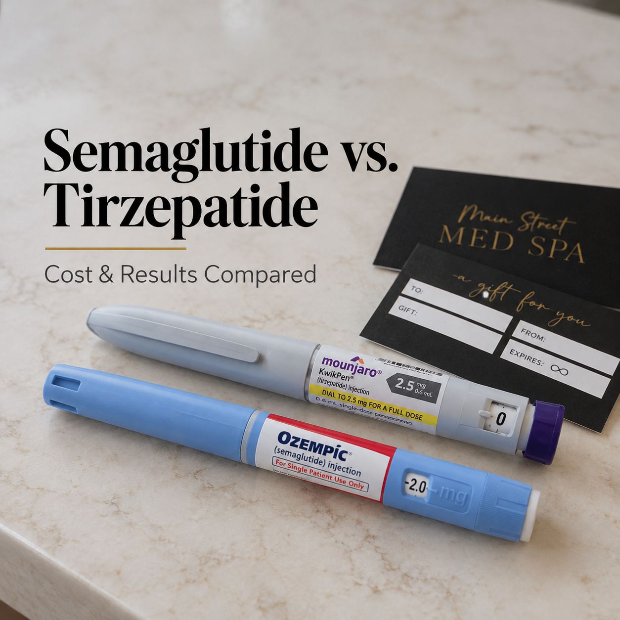 Semaglutide vs tirzepatide cost comparison vials on a clinical counter in Clovis