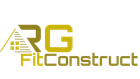 Logo voor RG FitConstruct, een bouwbedrijf, met goudkleurige initialen en een gestileerd dakicoon.