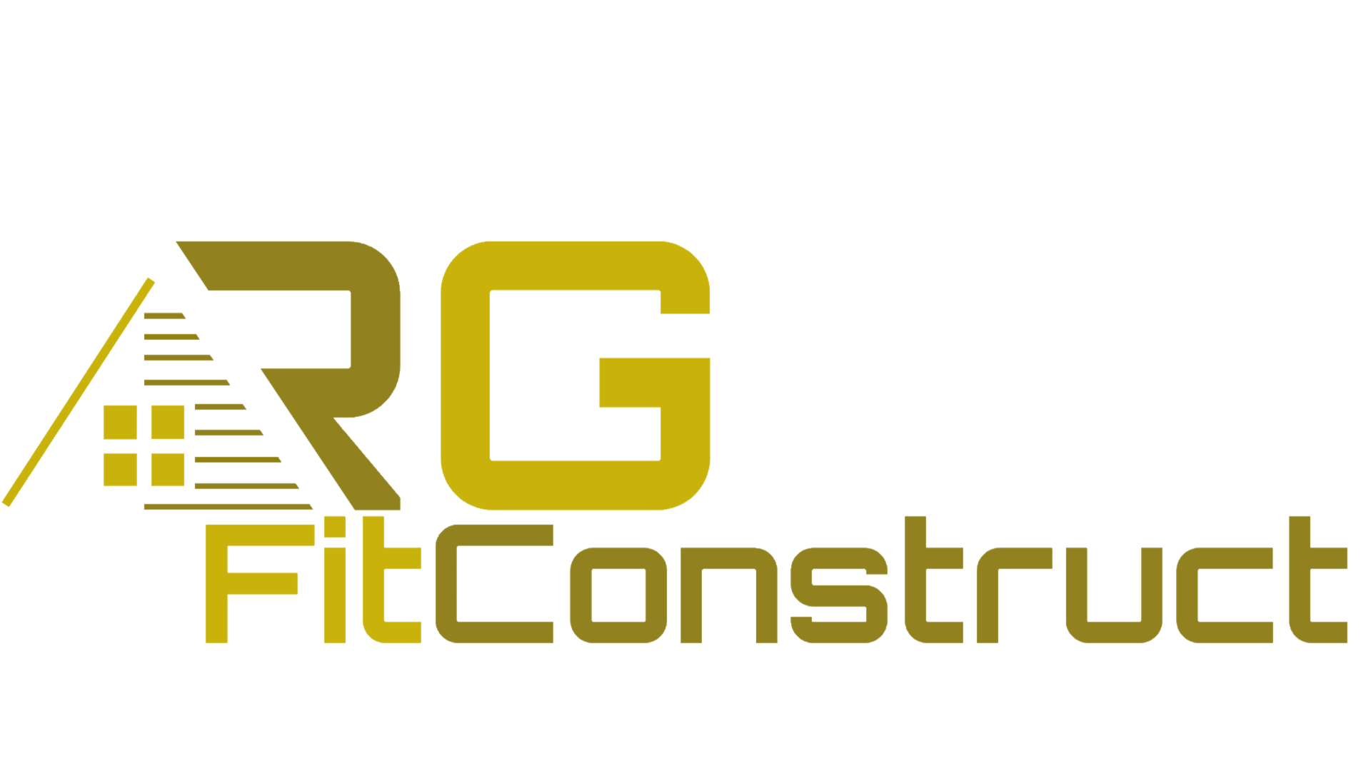 Logo voor RG FitConstruct, een bouwbedrijf, met goudkleurige initialen en een gestileerd dakicoon.