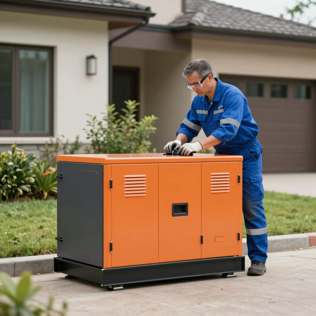Technician in blue coveralls inspecting an orange generator beside a house garage.