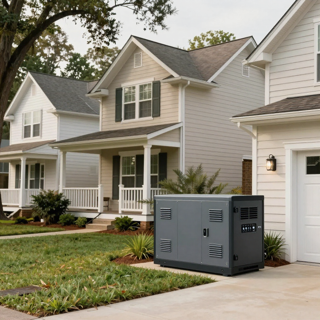 Gray generator beside a suburban house with a front porch and lawn