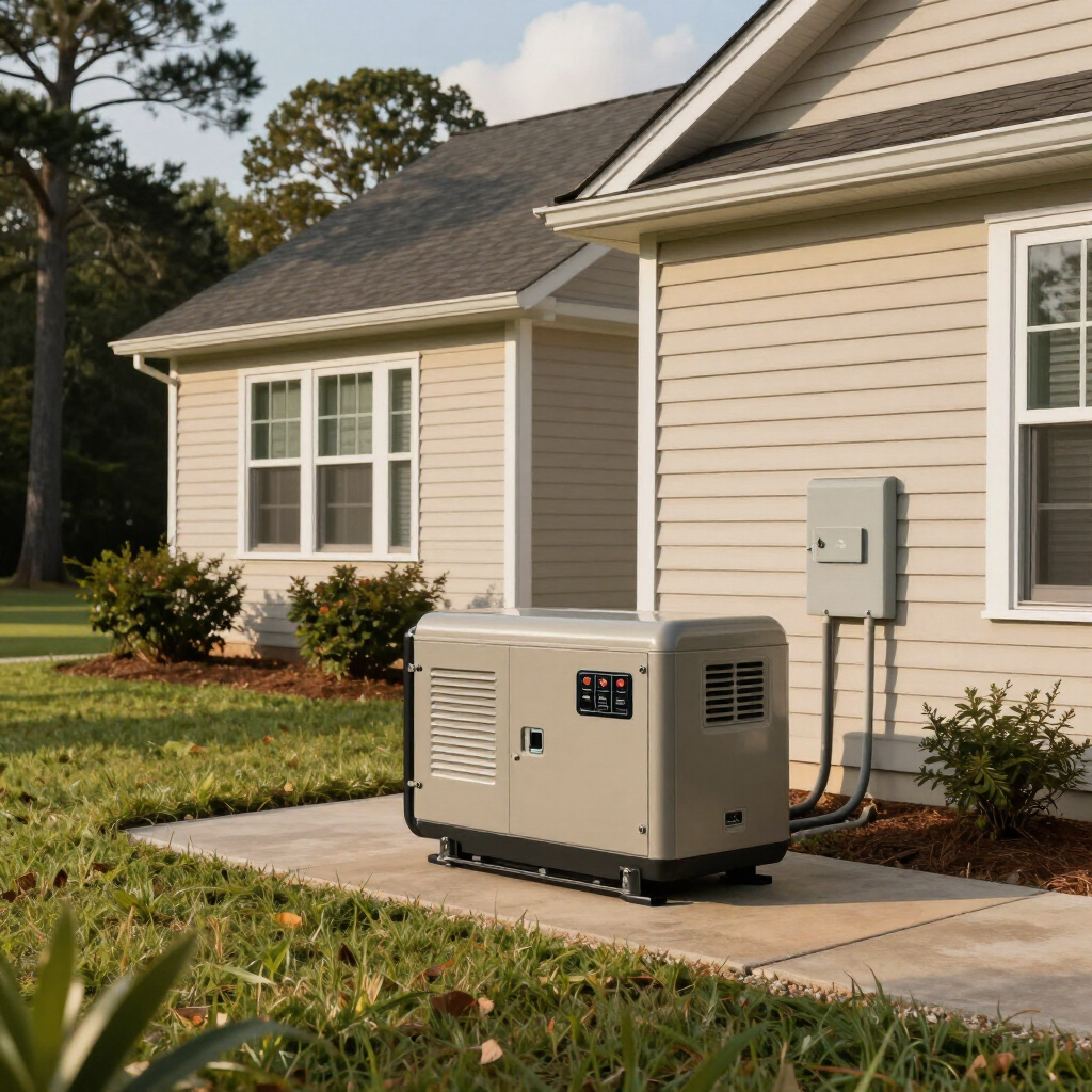 Portable generator beside a beige house, connected by conduit to a home electrical panel.