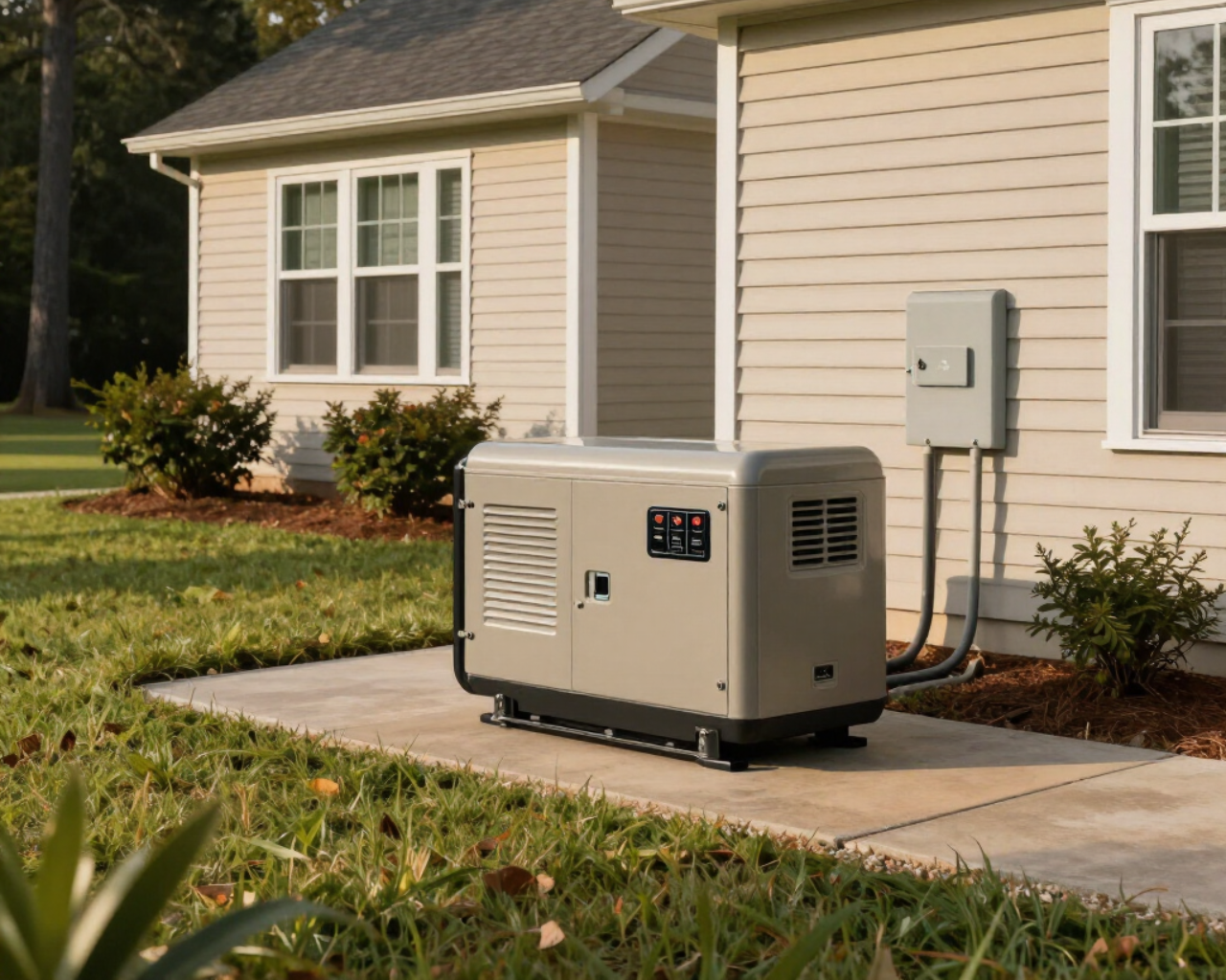 Portable generator beside a beige house near an electrical panel on a concrete pad