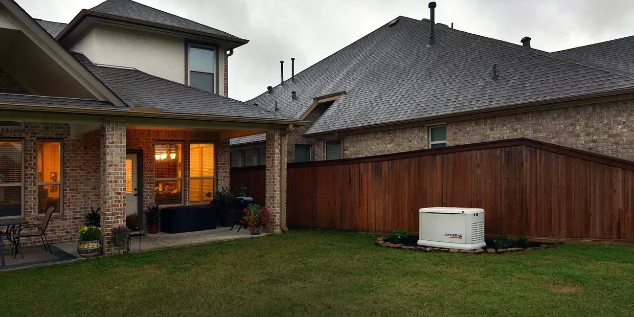 Backyard patio beside a house, with warm lights, green lawn, wooden fence, and air conditioner unit
