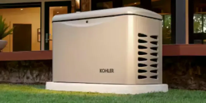 Beige electric generator on a white base outside a building at dusk