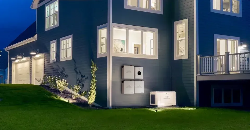 Blue house at night with lit windows, a small balcony, and a grassy lawn.