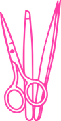 Pink line drawing of three pairs of scissors, including one open and one closed pair.