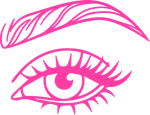 Pink line-art illustration of a stylized eye with eyebrow and eyelashes on a white background