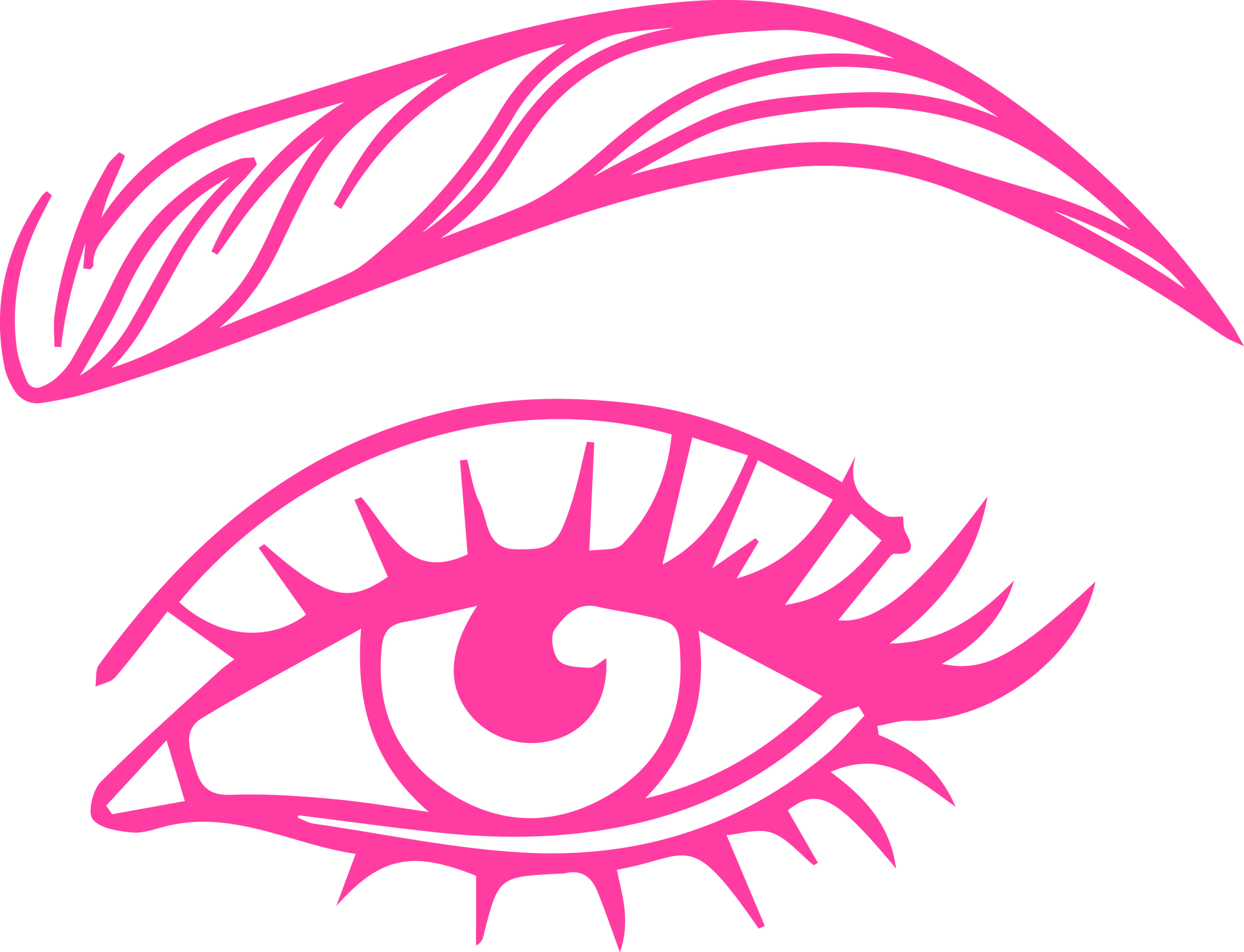 Pink line-art drawing of a stylized eye with eyebrow and eyelashes on a white background