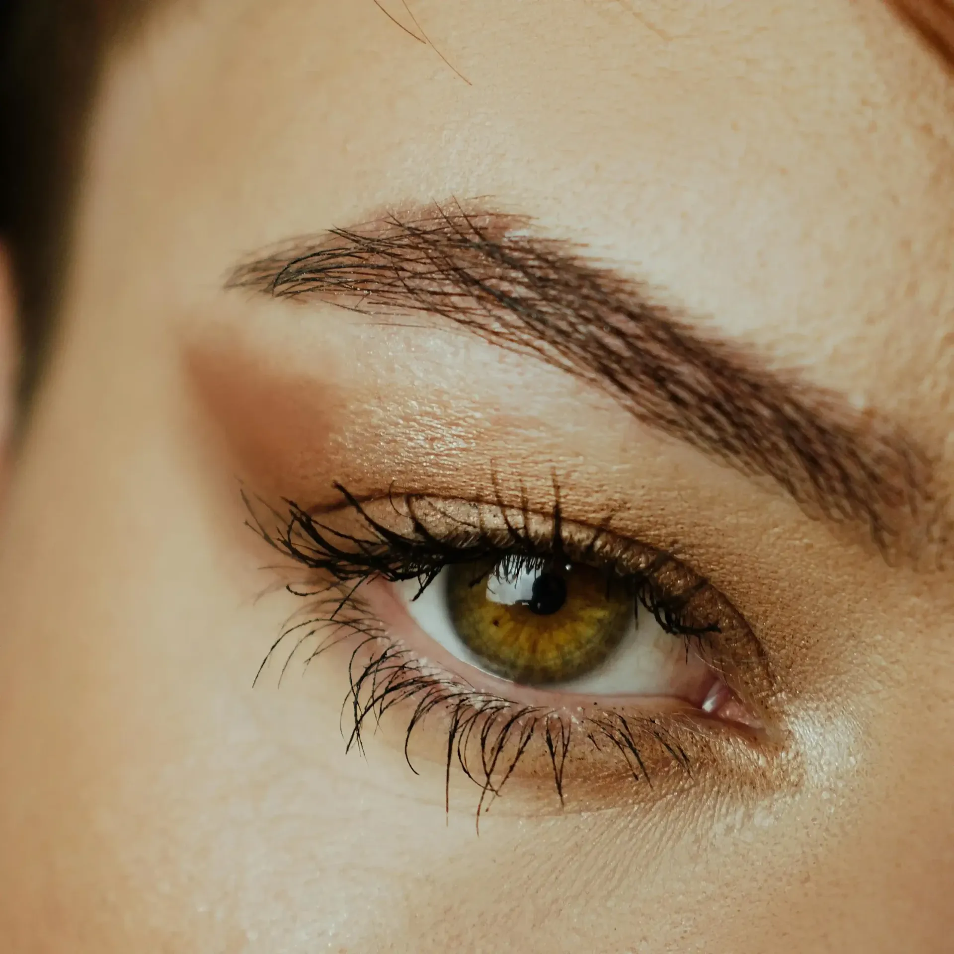Close-up of a hazel eye with long lashes and a neatly shaped eyebrow.