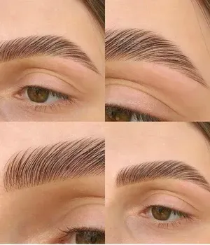 Close-up collage of a neatly groomed eyebrow and eye in warm beige tones