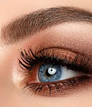 Close-up of a blue eye with dramatic brown eyeshadow and long false eyelashes