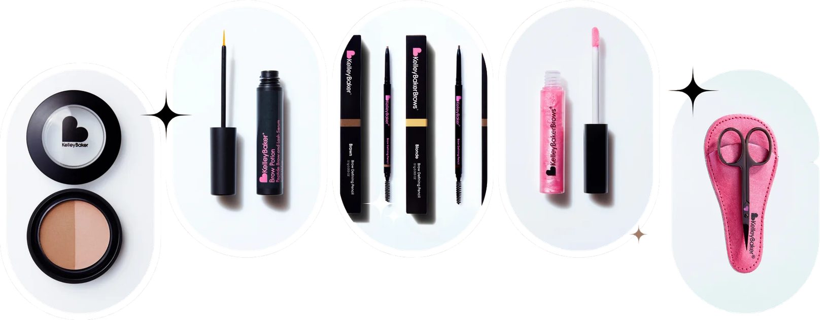 Makeup products: eyeshadow, mascara, lip glosses, liner, and pink earbuds on white background
