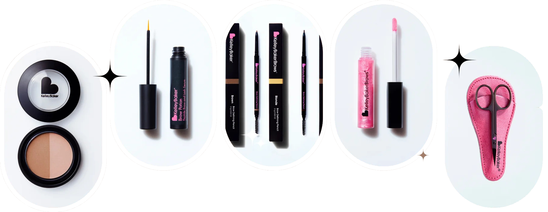 Makeup products: eyeshadow, mascara, lip glosses, liner, and pink earbuds on white background