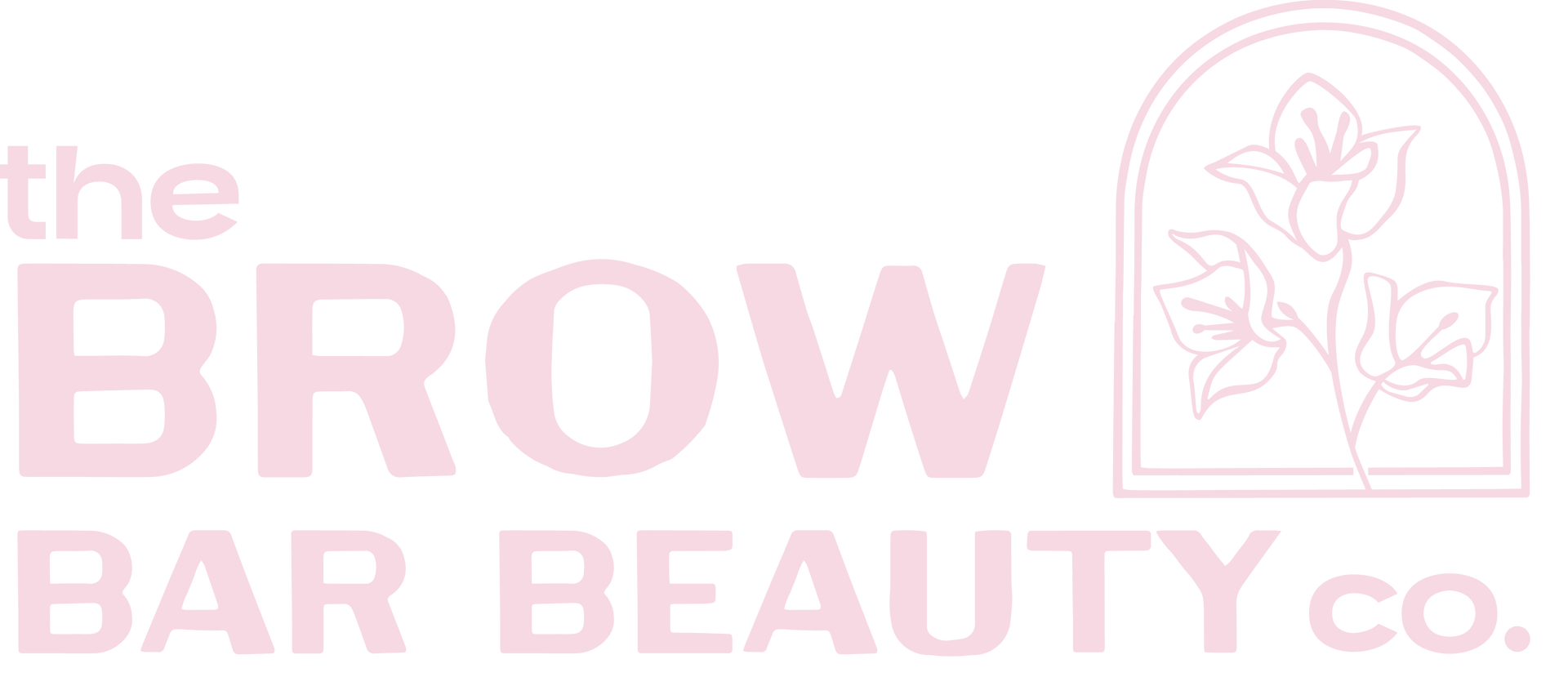 Pink “The Brow Bar Beauty Co.” logo with floral line art in a framed square