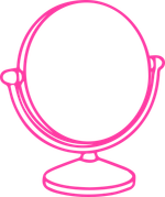 Pink line-art vanity mirror on a stand, shown front view.