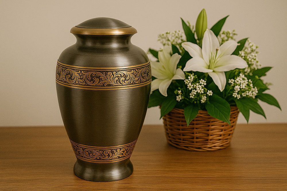 Ornate cremation urn with flowers