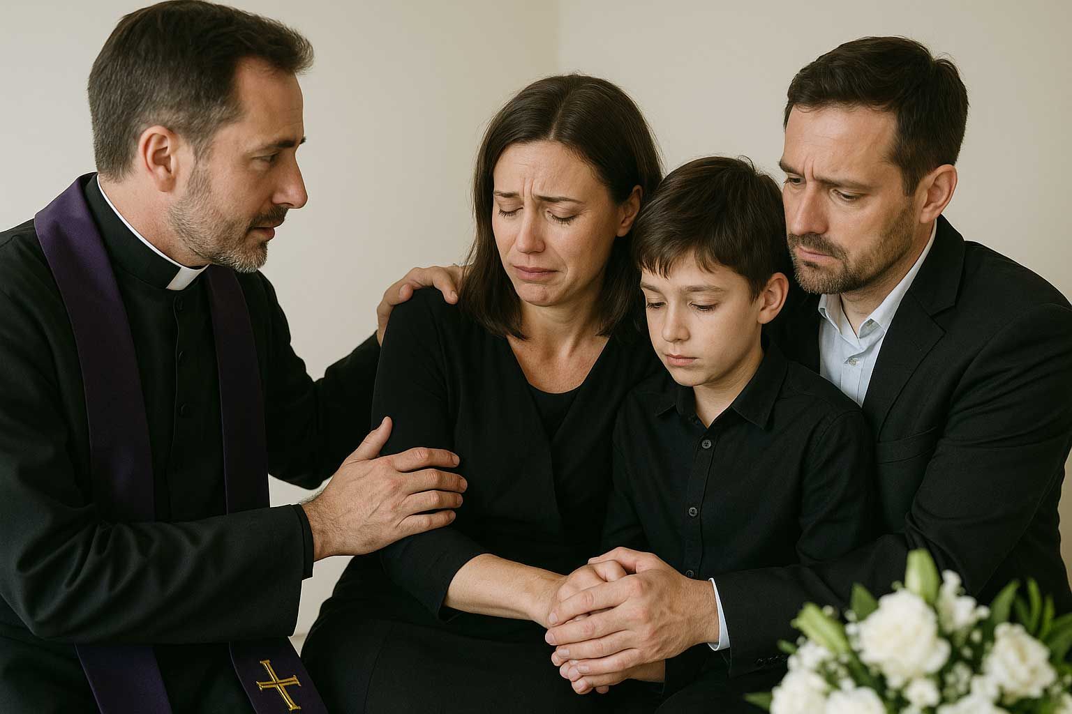 Grieving family being consold by a funeral director