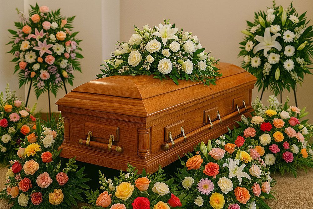 Wood casket with white flowers on top