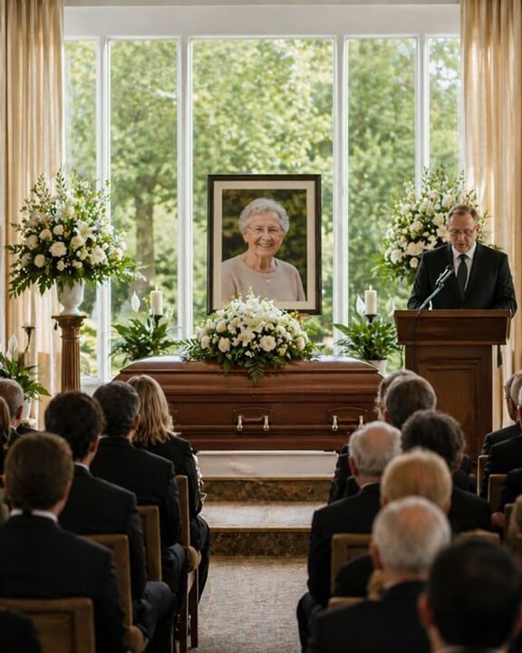 a solemn funeral service inside a chapel in El Monte, CA