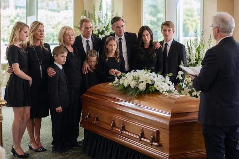 a solemn gathering at a funeral service in Hacienda Heights, CA