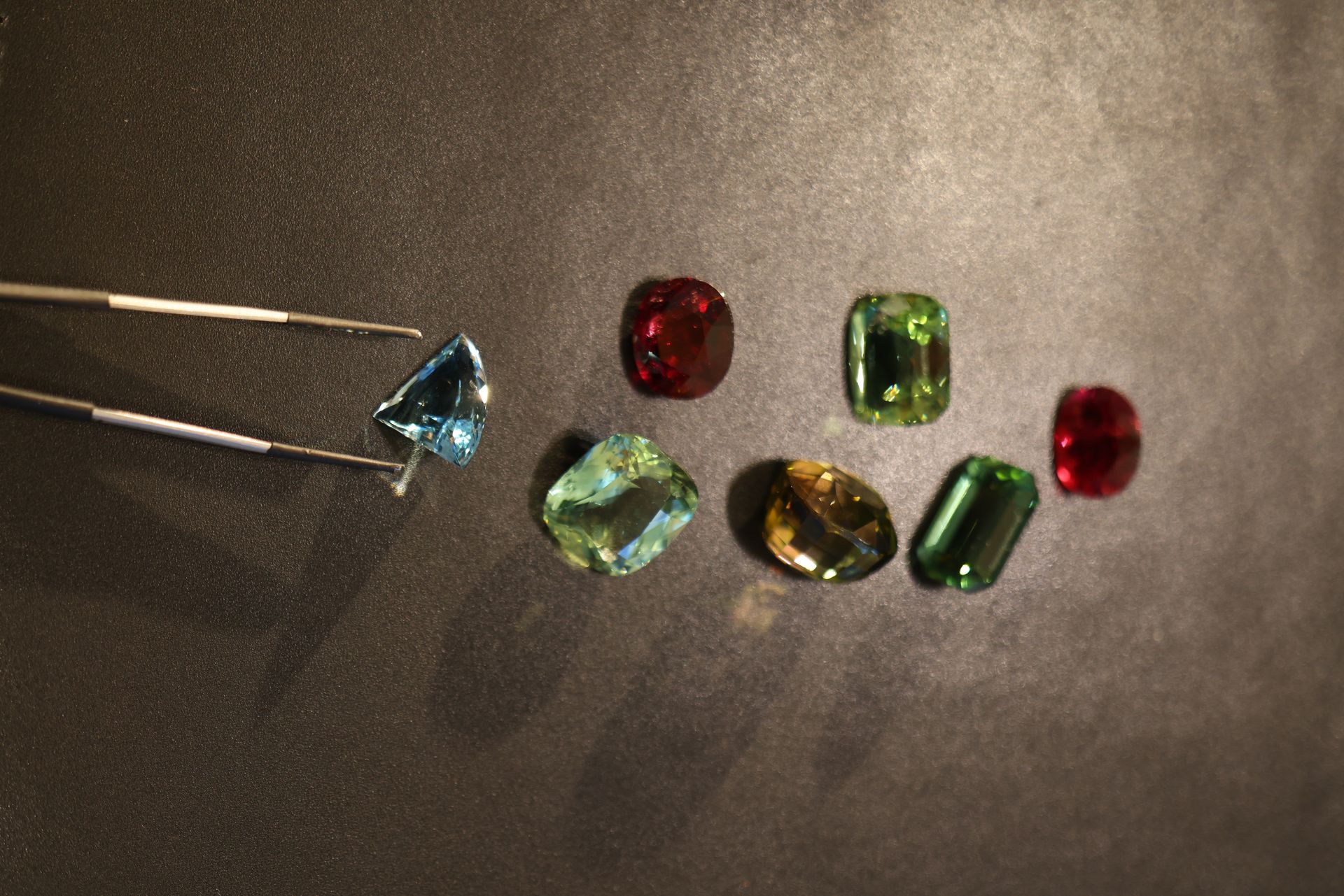 Colored gemstones on desk