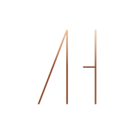 Abstract orange line drawing resembling the letters A and H on a white background