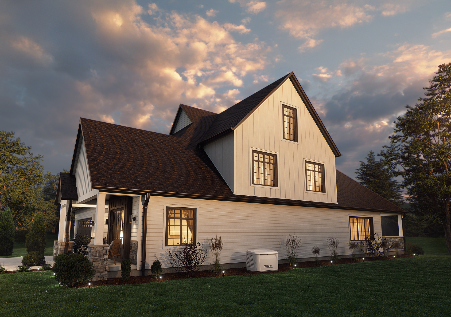 A two-story white house with dark trim and a gabled roof set against a cloudy, sunset-lit sky.
