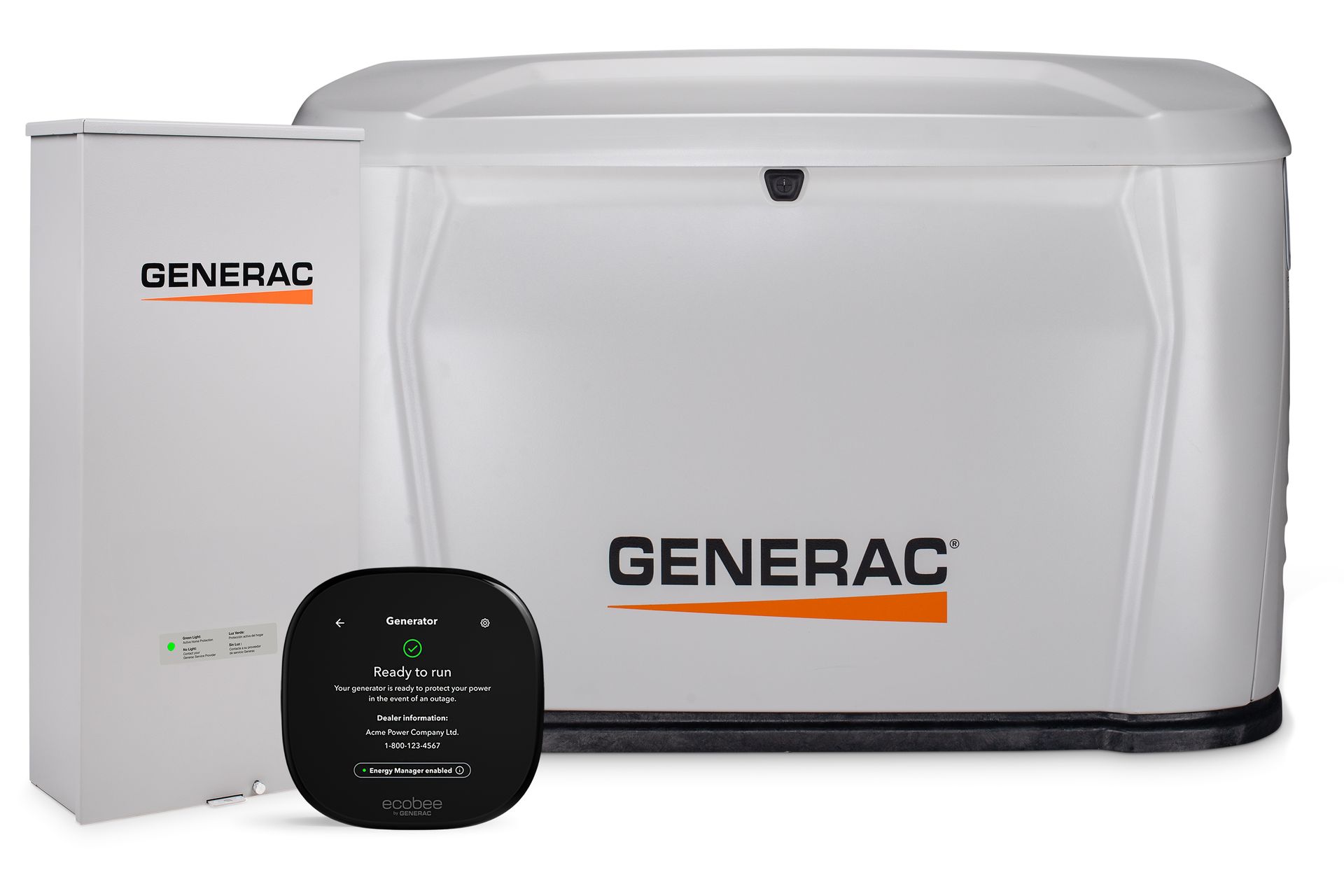 Generac whole-house generator with black control panel, white exterior, and orange logo