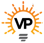 Light bulb logo with orange rays and black “VP” letters inside on white background